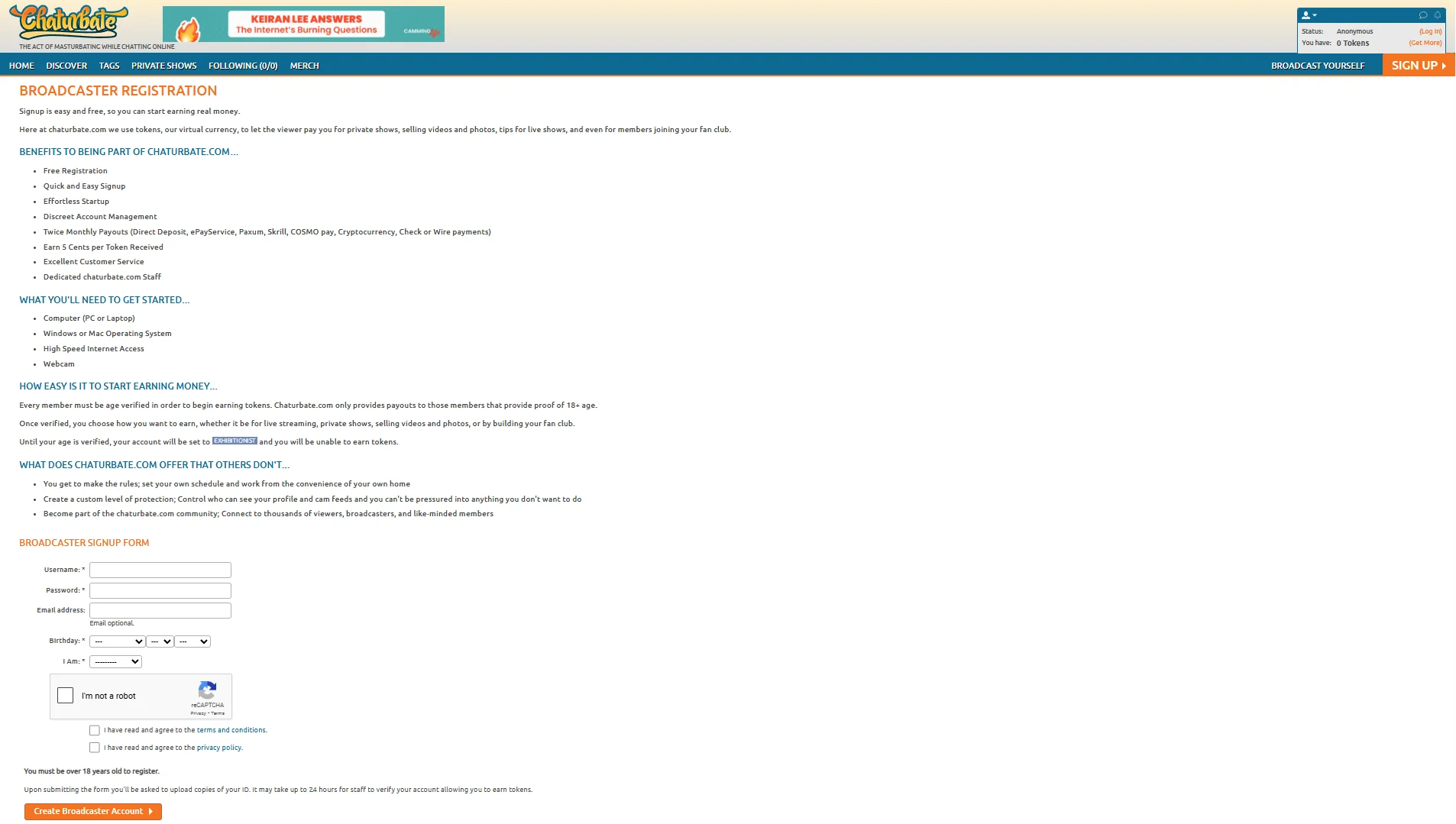 Chaturbate model Registration